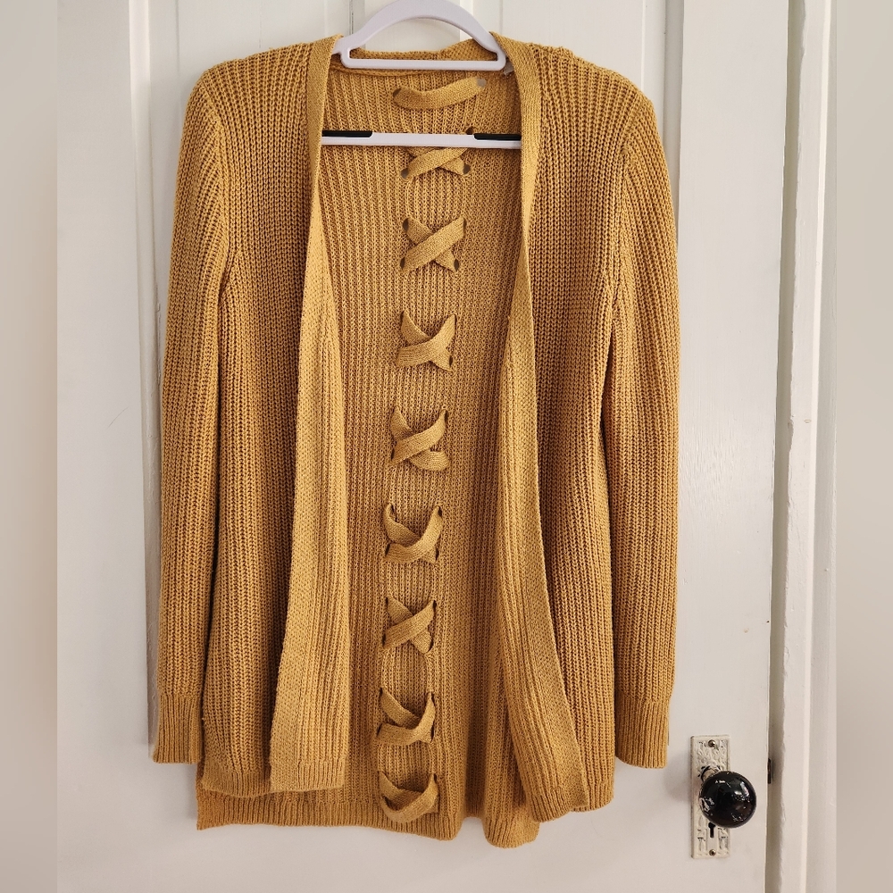 Pinque Jameyla Back Detail Long Cardigan Sz Small Cable Knit Yellow